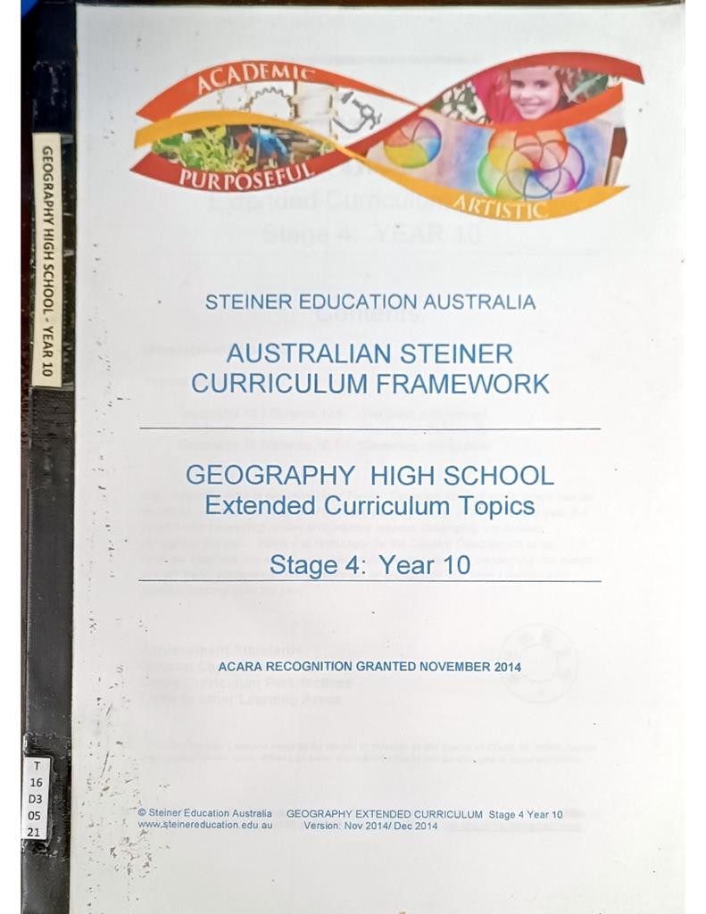 Australian Steiner Curriculum Framework - Geography High School Extended Curriculum Topics (Stage 4: Year 10)